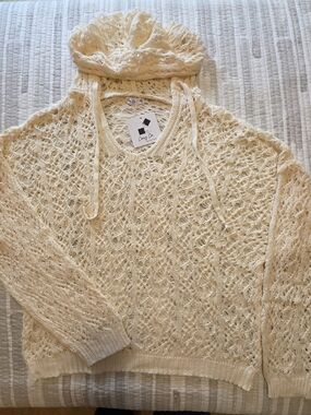 Cozy Co Cream Crochet V-Neck Hoodie Sweater